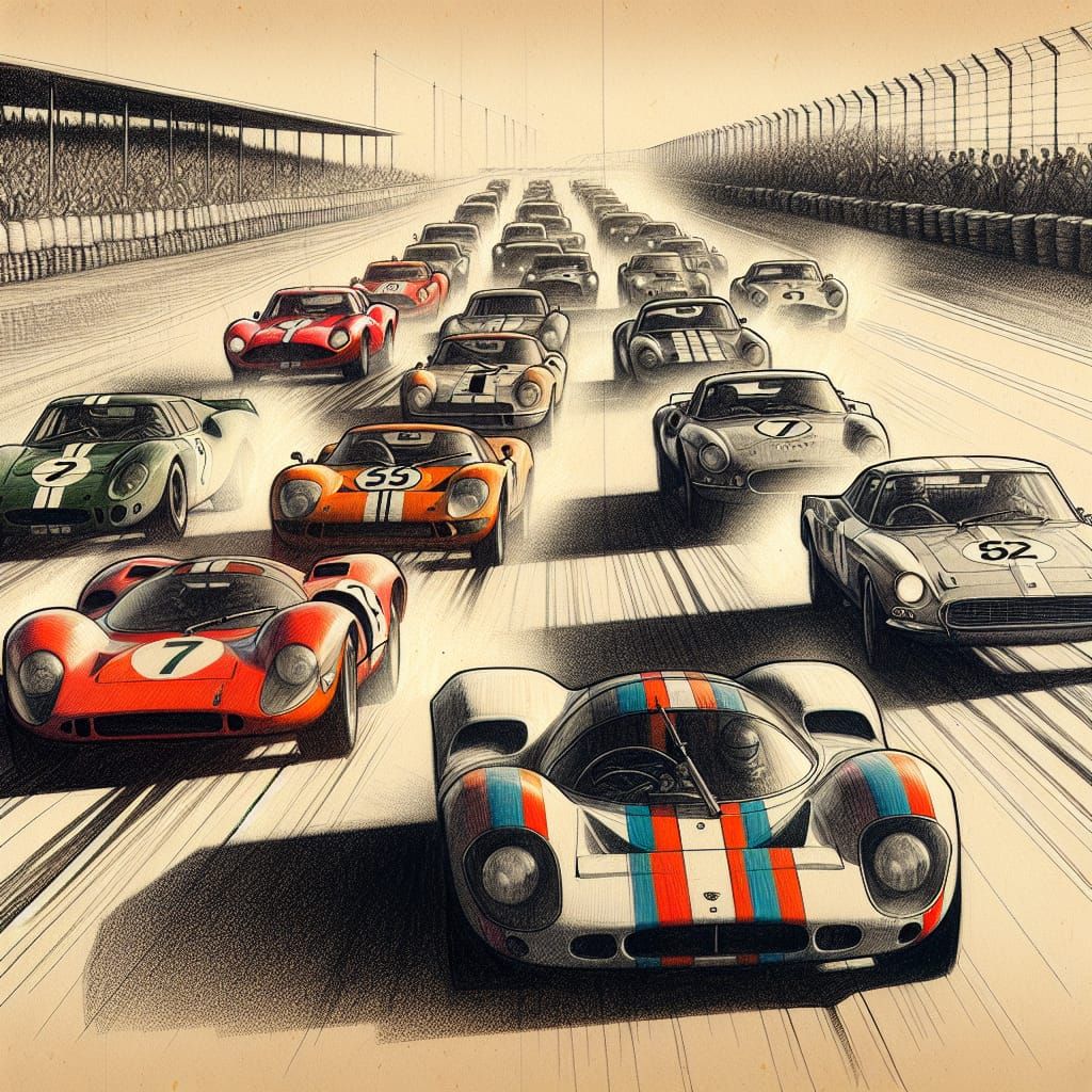 Le Mans 1960s Race Start Pencil Sketch