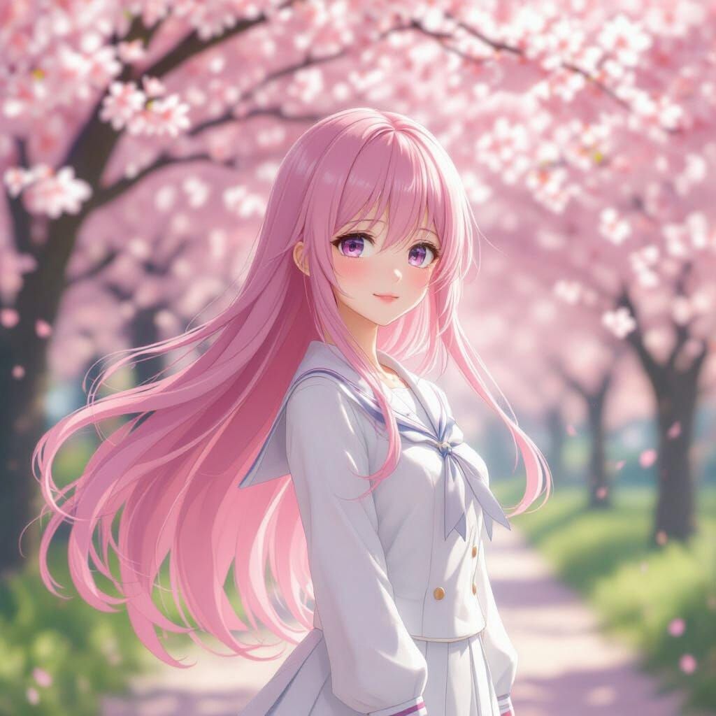 Anime Girl in Cherry Blossom Forest