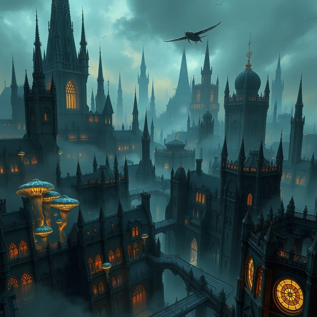 Gothic Metropolis Under Ethereal Mist With Bioluminescent Fu...