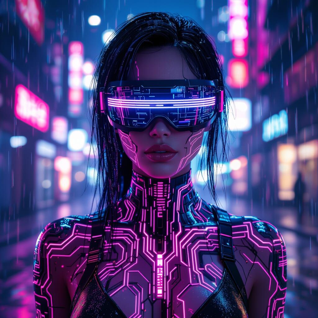 Cyberpunk Woman with Glowing Tattoos and Neon Cityscape