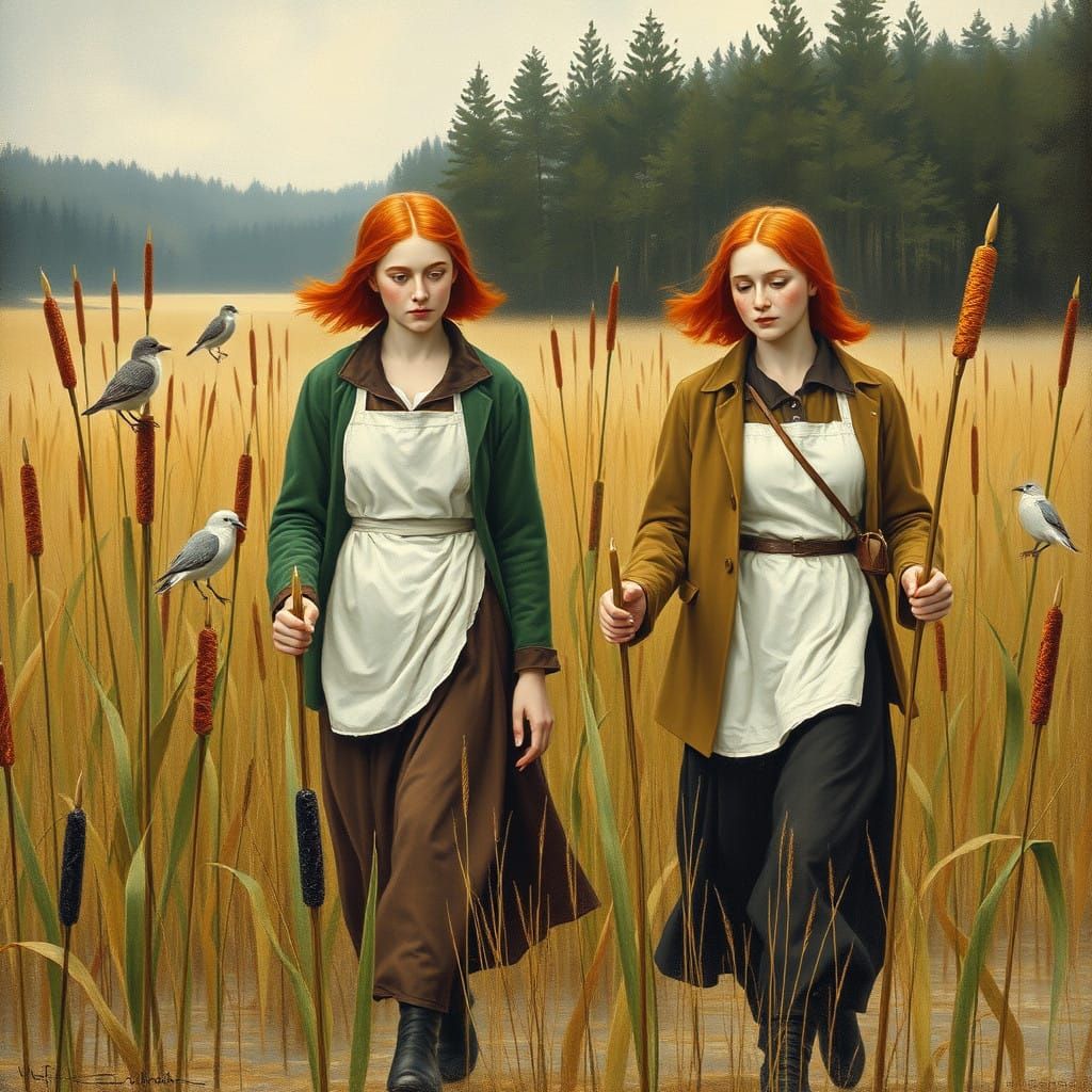 Sisters Strolling in Vibrant Marshland