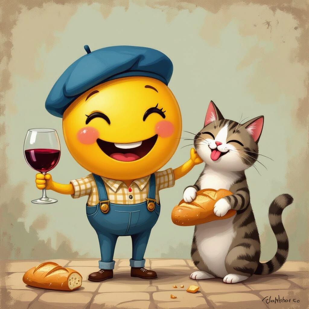 Whimsical Yellow Smiley with Wine and Cat