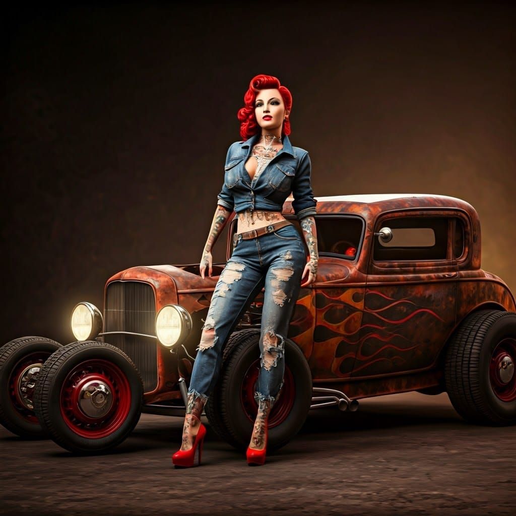 Rockabilly Goddess with Tattered Denim and Vibrant Tattoos,...
