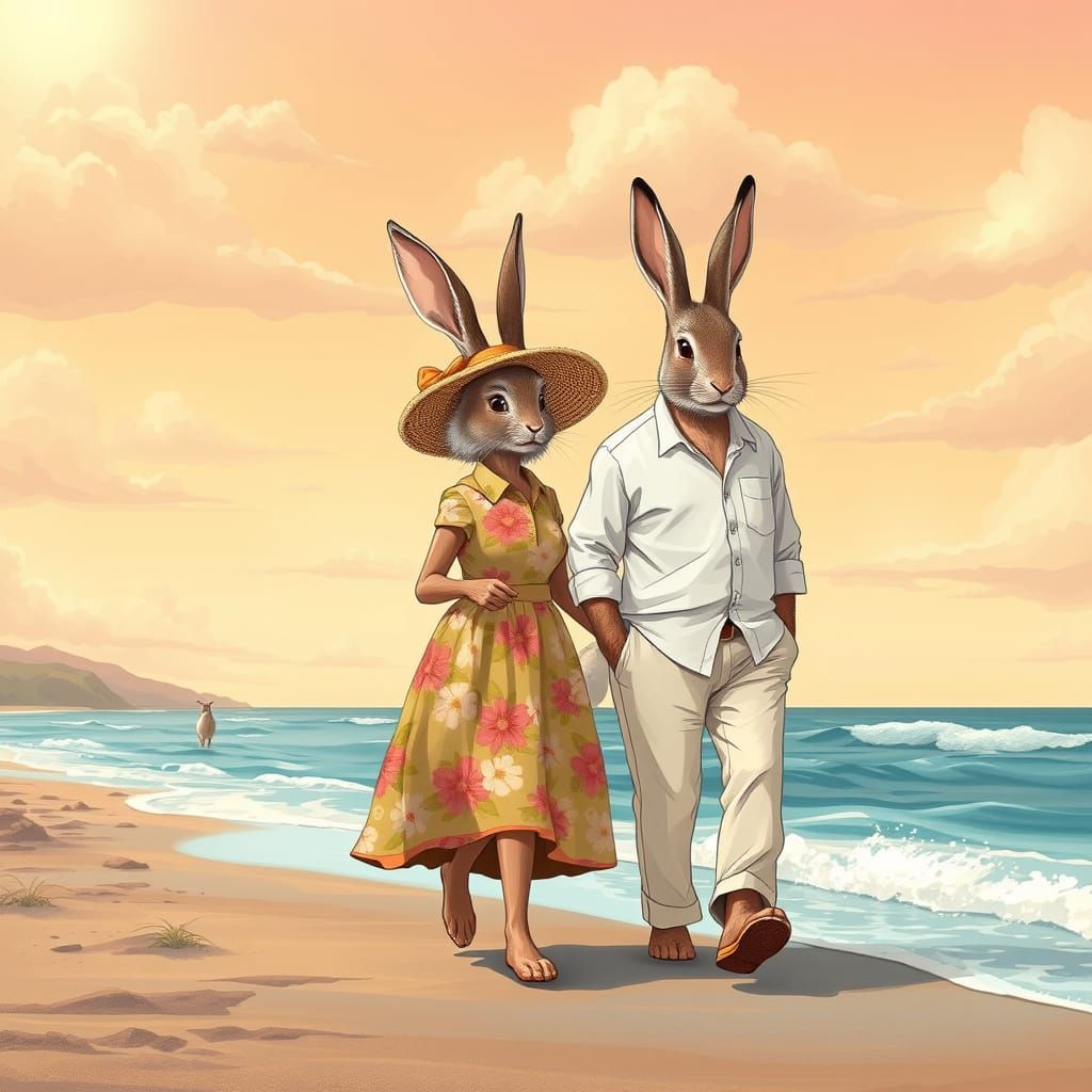 Elderly Rabbits Stroll Along Coastal Shoreline in Pastel Hue...