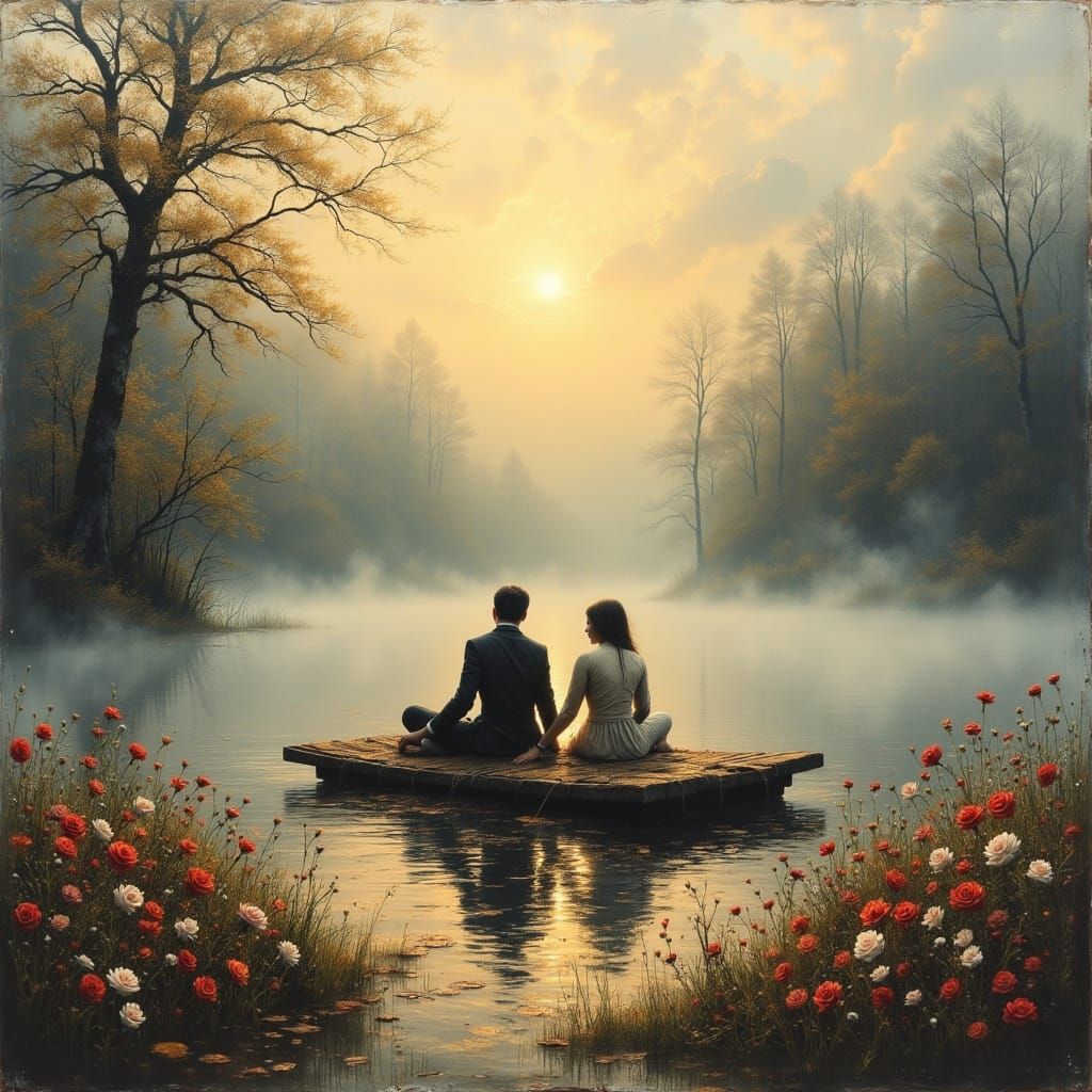 Misty Lake at Dusk in Romanticism Style