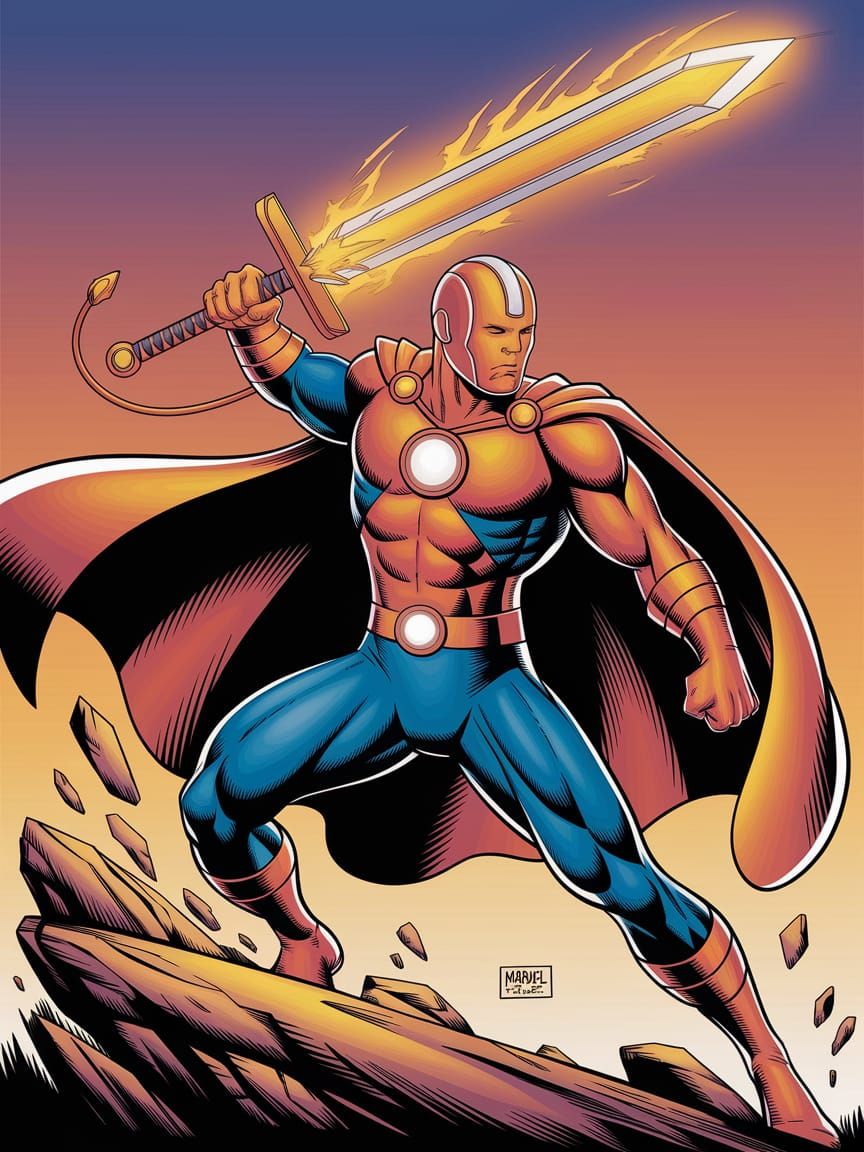 Superhero Wields Uranium Sword in Marvel Comic Book Art