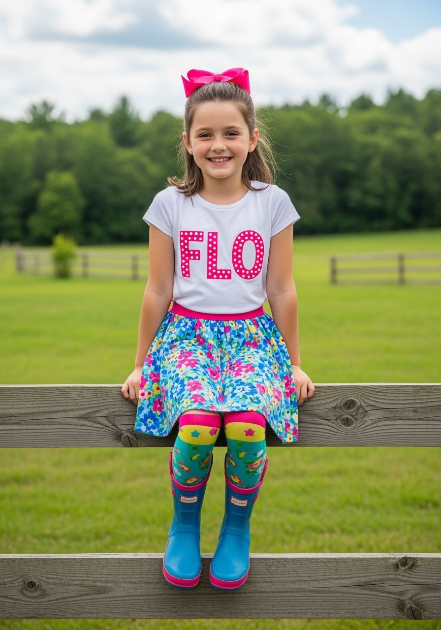 Young Girl in Floral Skirt on Rural Fence