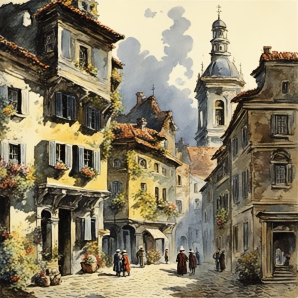 Twilight Townscape Ink and Watercolor Capriccio