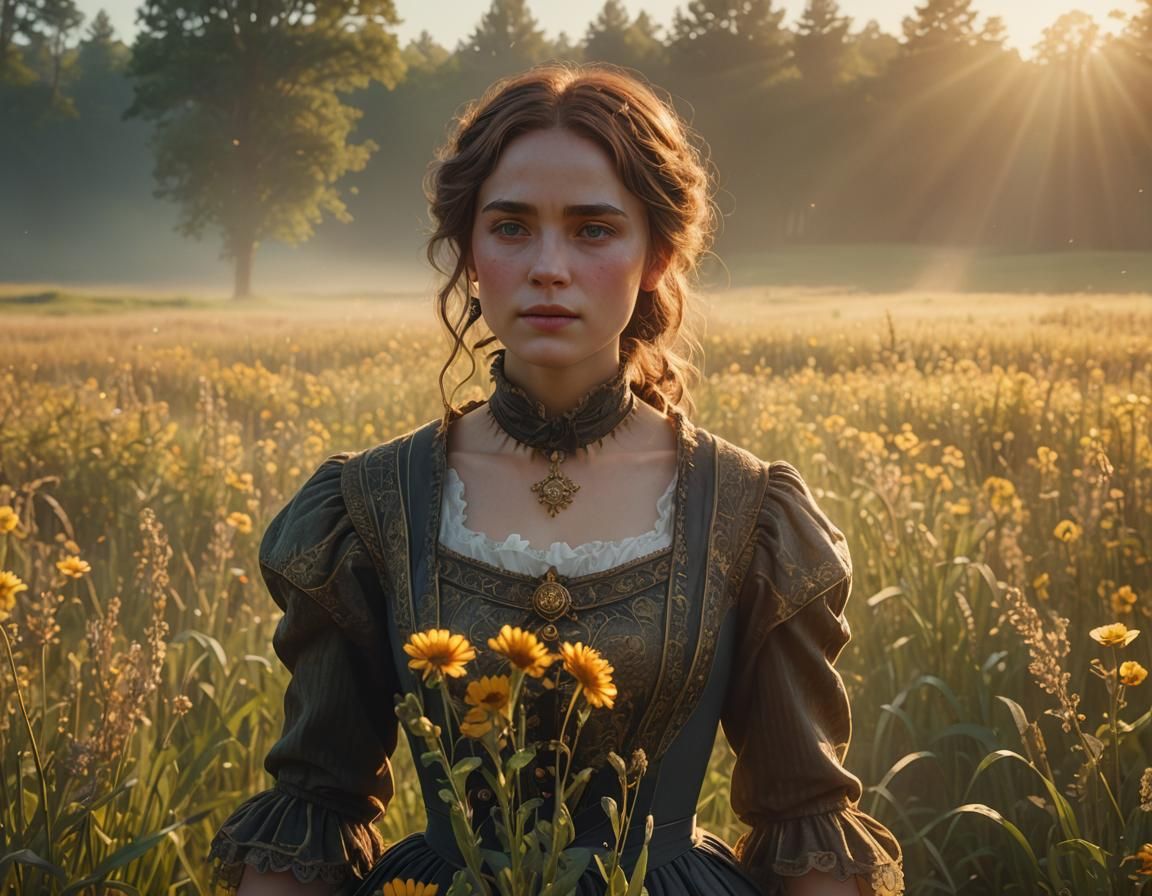 Victorian Woman in Sunny Field: 3D Digital Art