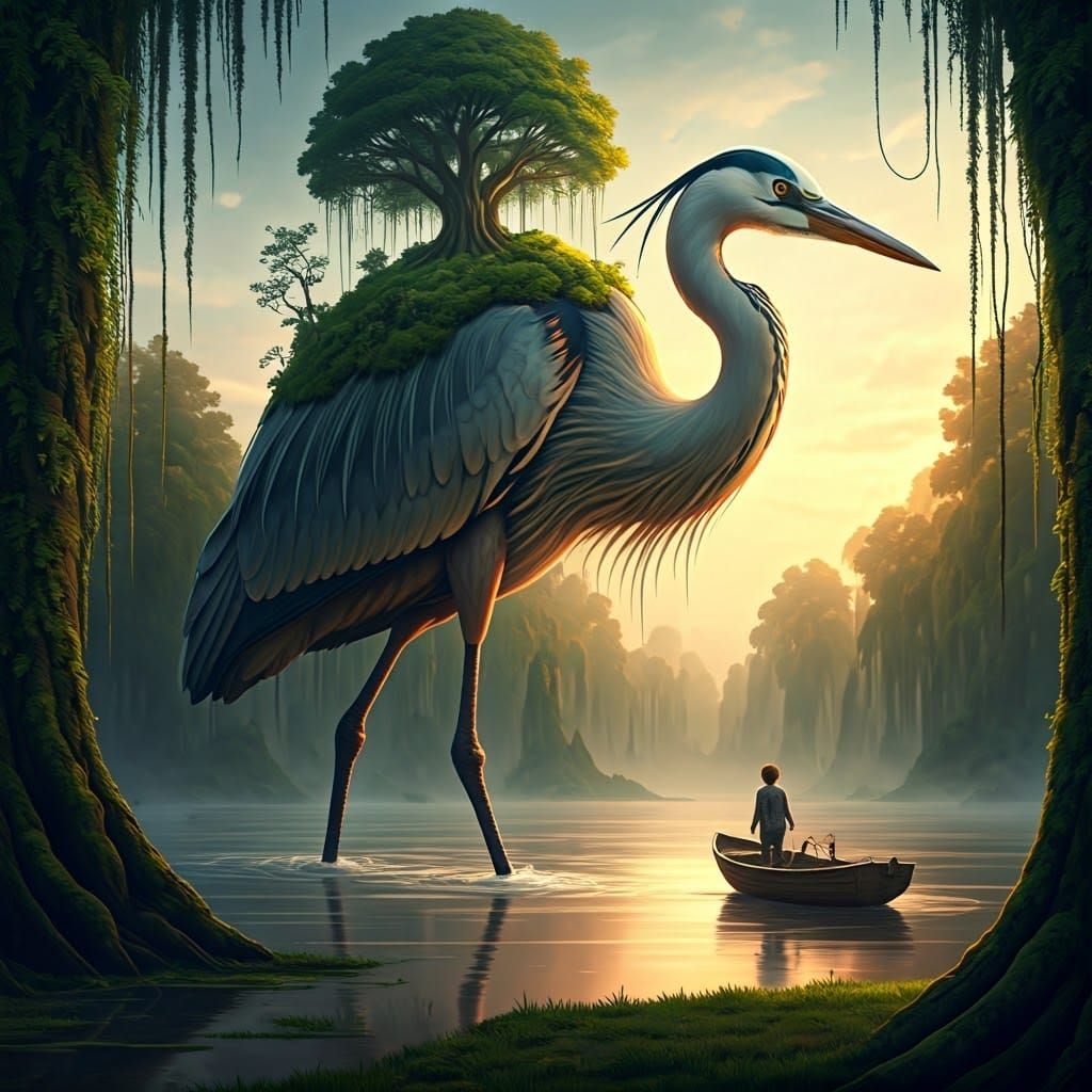 Colossal Heron Striding Through Swamp at Sunset