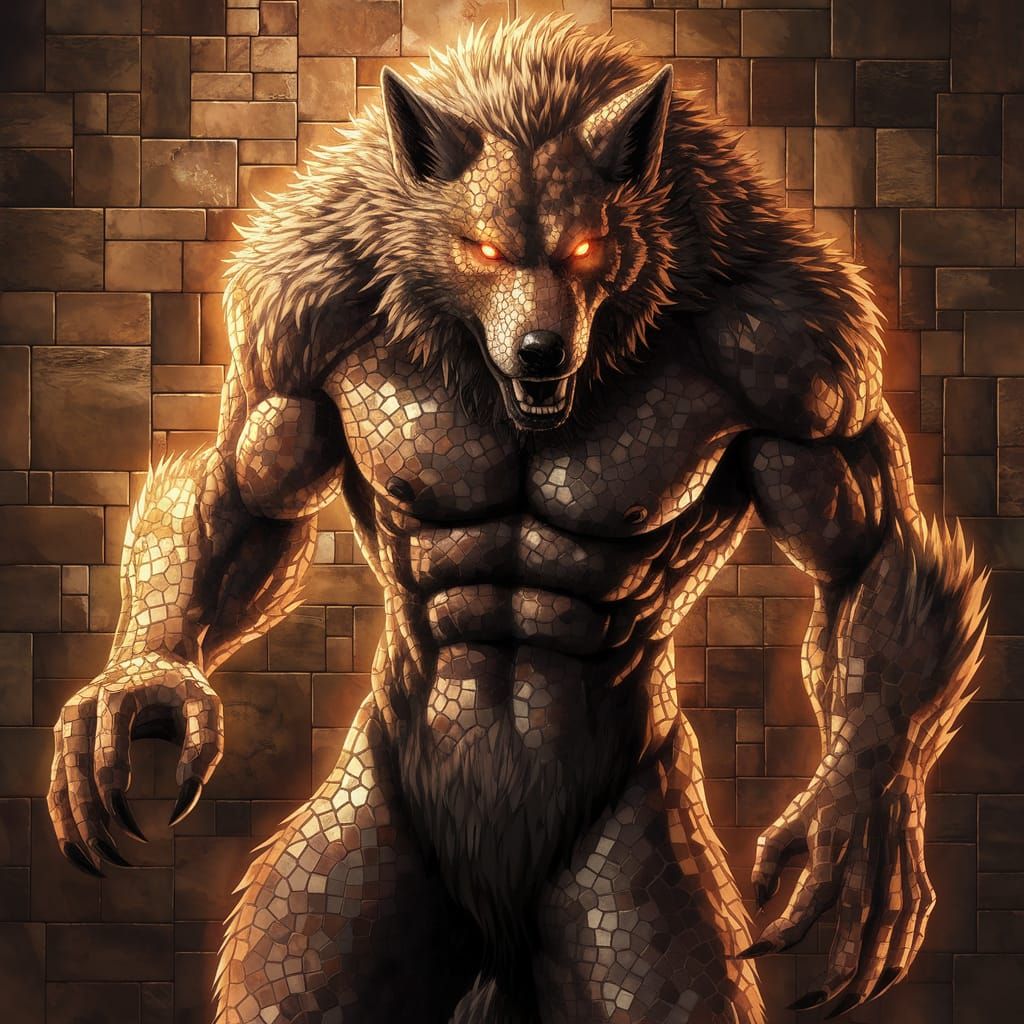 Ancient Werewolf Mosaic with Amber Eyes and Golden Fur