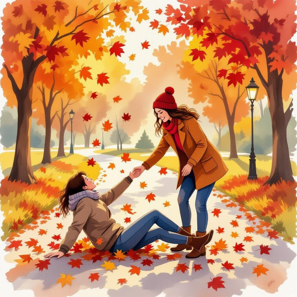Kindness in Autumn Park Watercolor Scene