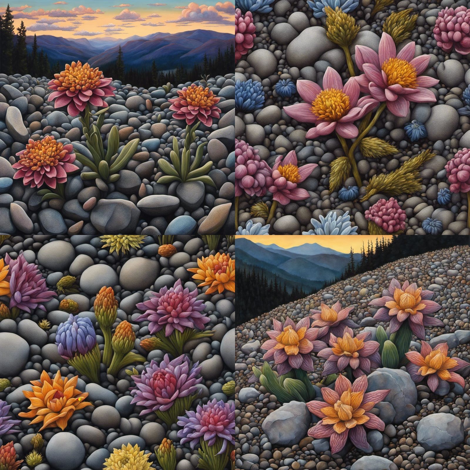 Hyperrealistic Bitterroot Flowers on Gravel Hillside at Dusk