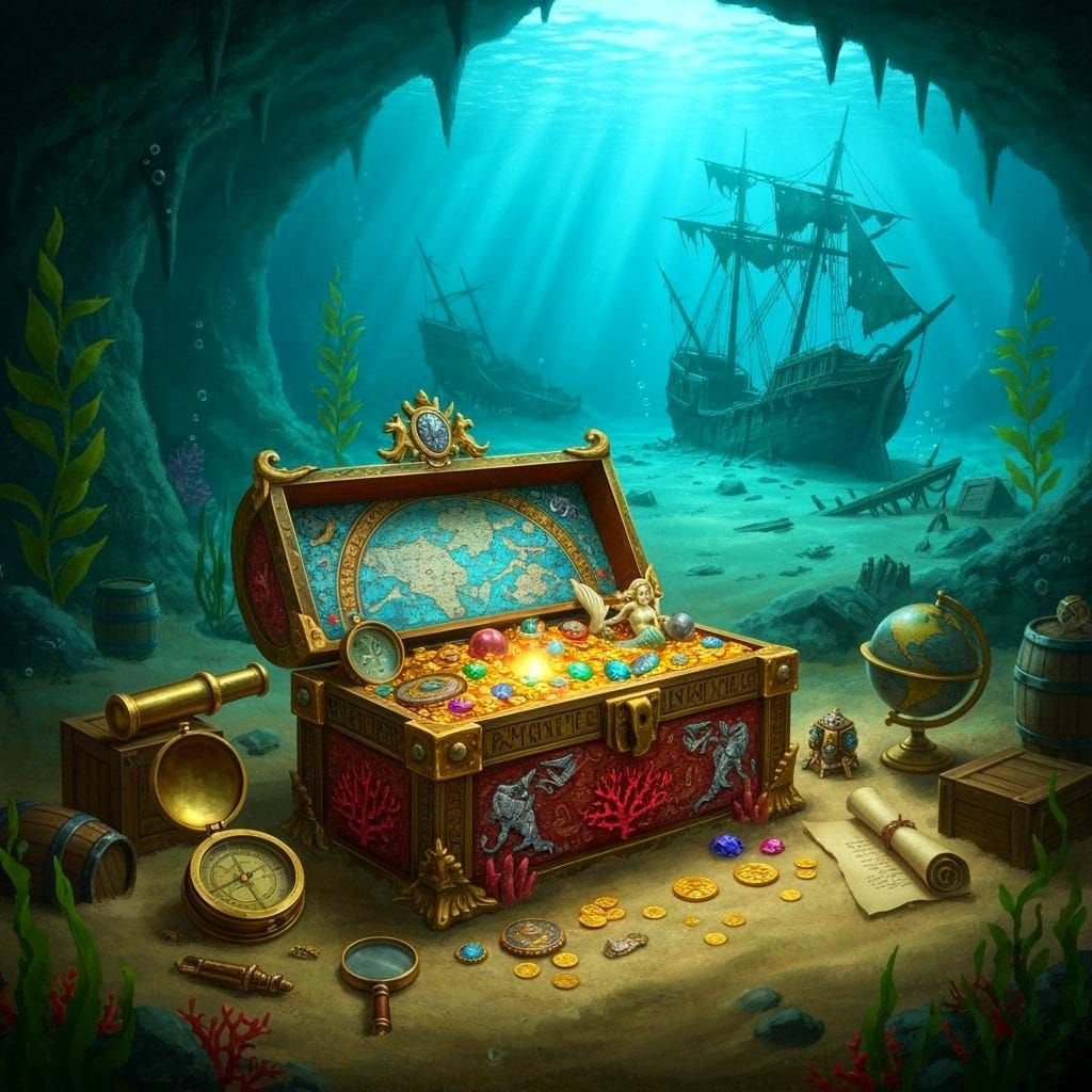 Sunken Treasure Chest in Underwater Cave