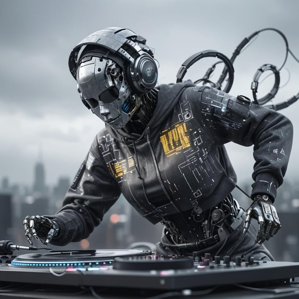 Robot DJ Glitching in a Futuristic Cyberpunk Setting