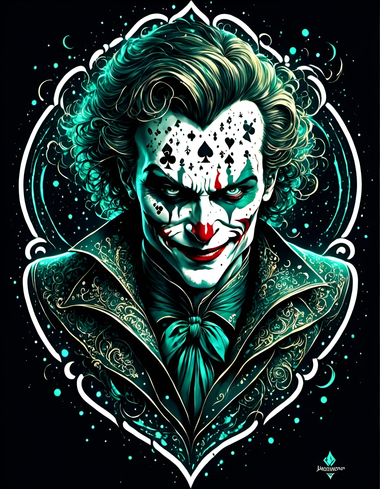 Luminescent Joker with Playing Cards in Geometric Sketch
