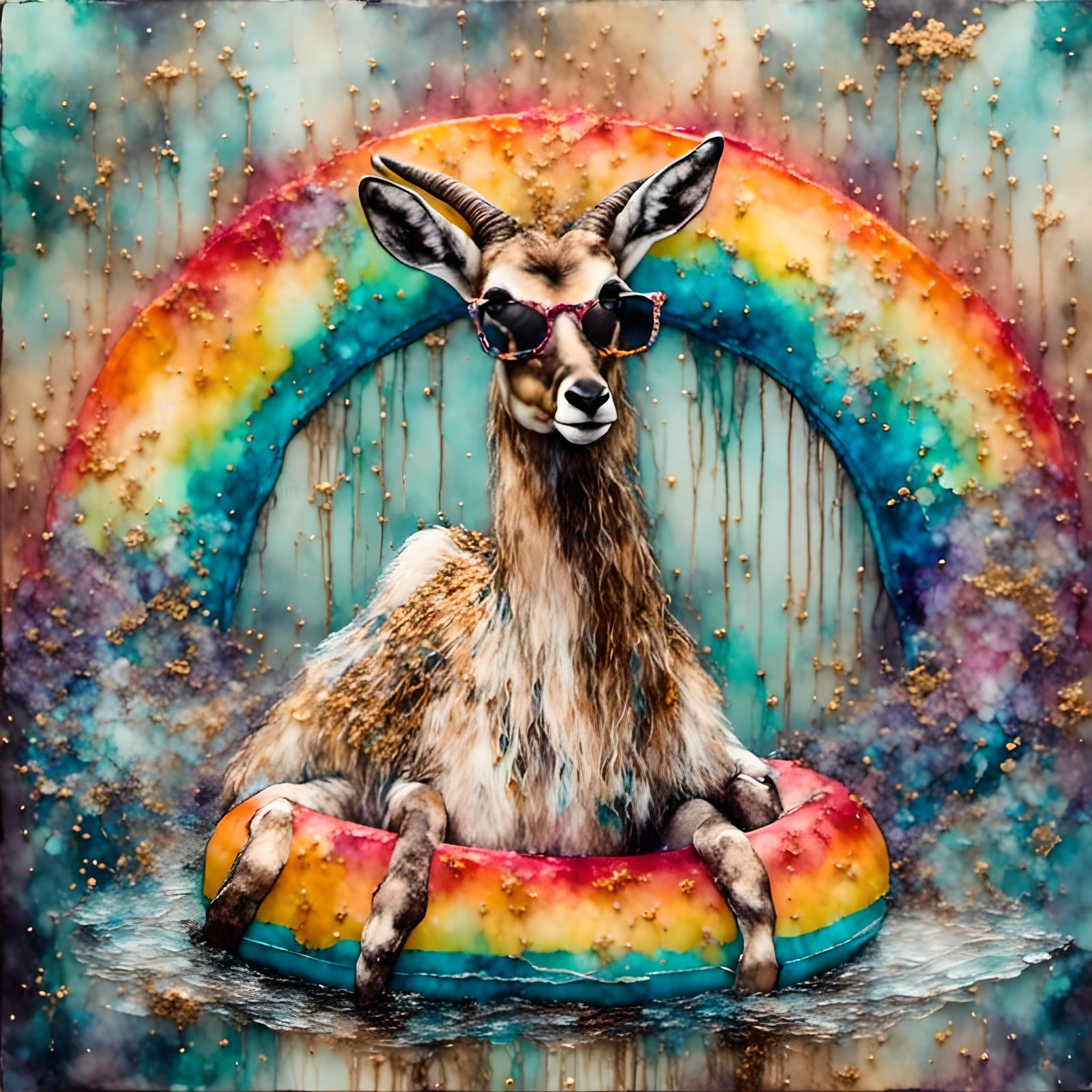 Oryx on Rainbow Float in Mixed Media Collage