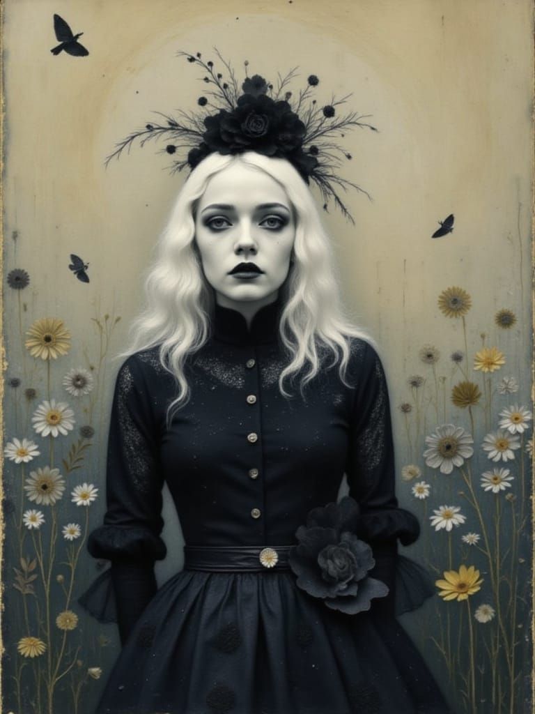 Goth Girl with Albino Hair and White Lace Dress