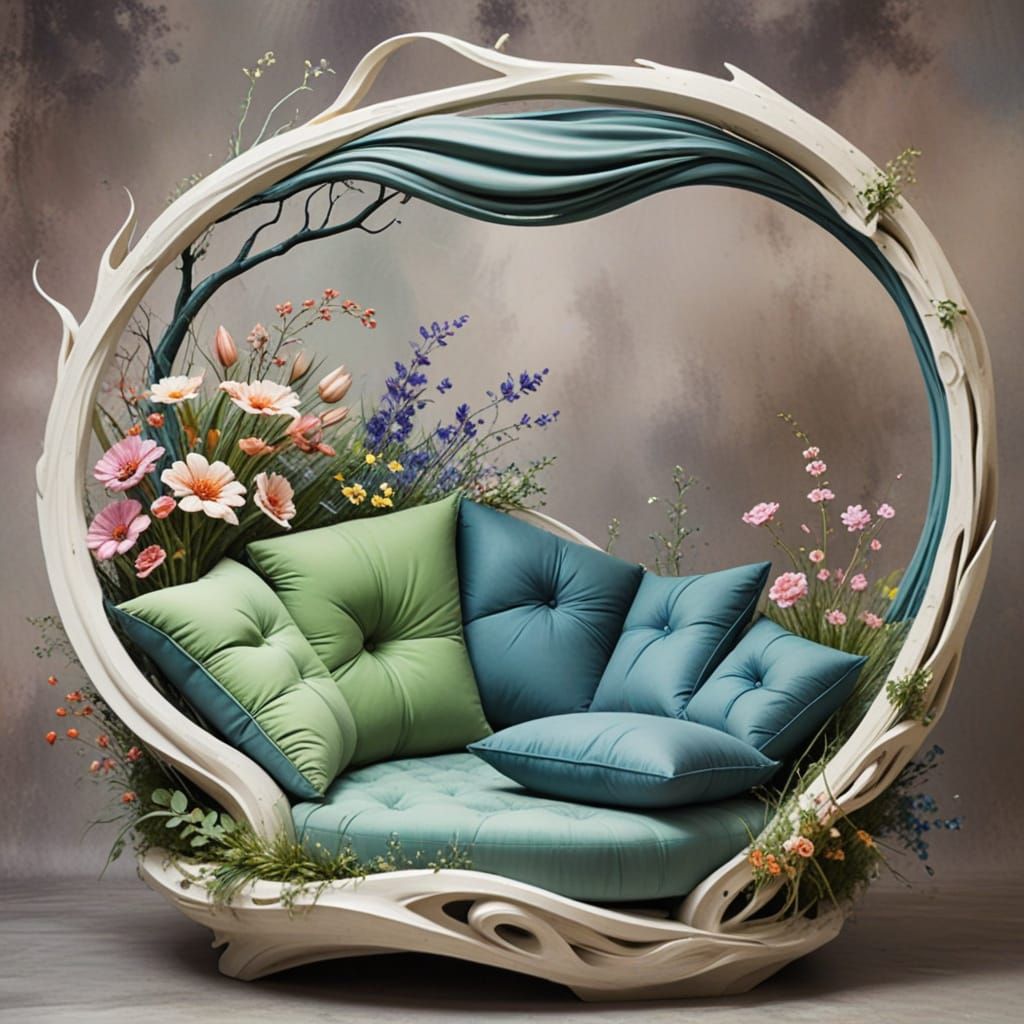 Dreamlike Whimsical Furniture in Watercolor Nature Scene