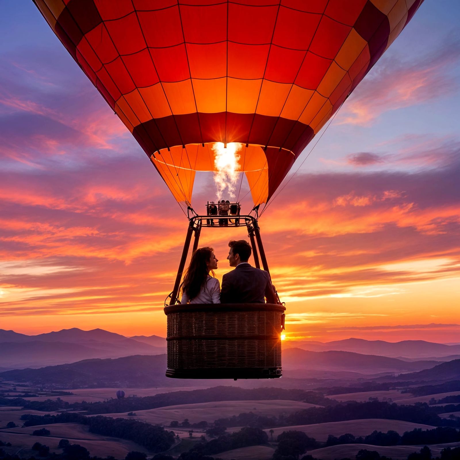 Romantic Couple Soars in Hot Air Balloon at Sunrise