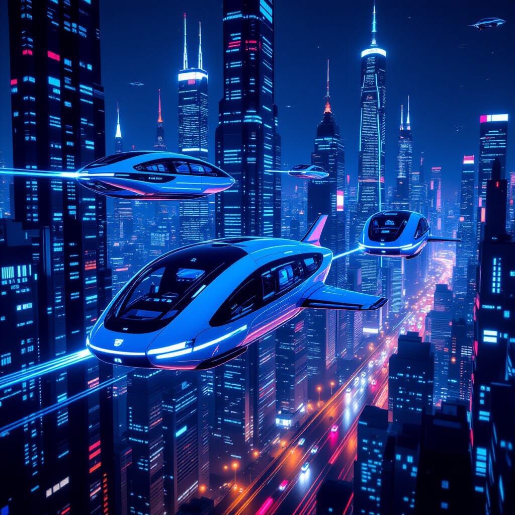 Futuristic Cityscape with Flying Vehicles in Hyperrealism