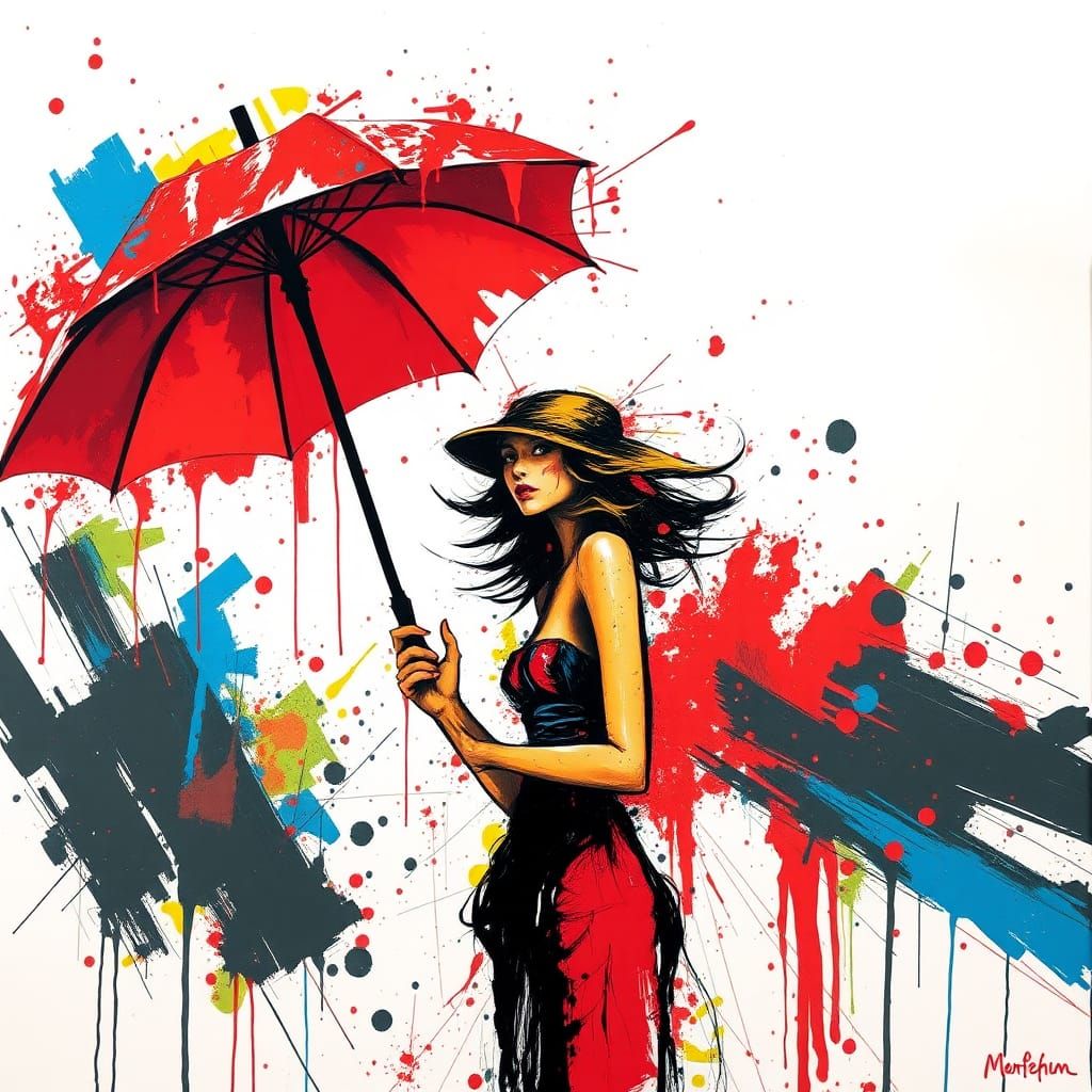 Woman with Red Umbrella in Pollock-esque Splatter Art