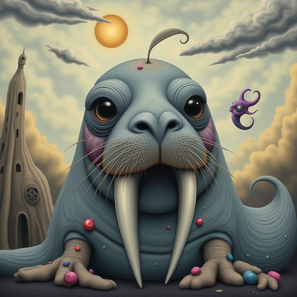 Surreal Whimsical Walrus in an Eerie Dreamlike Landscape
