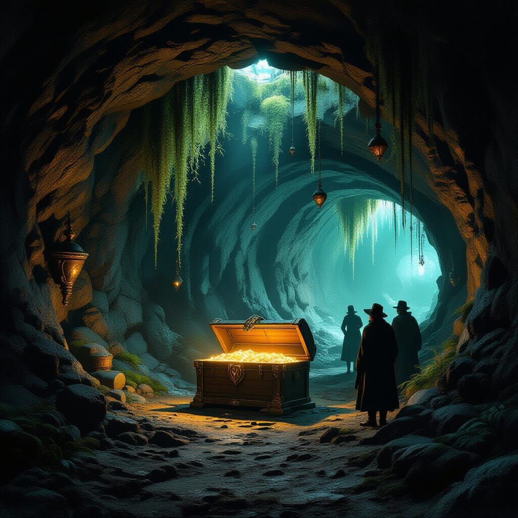 Grand Underground Tunnel with Glowing Gems and Treasure Ches...