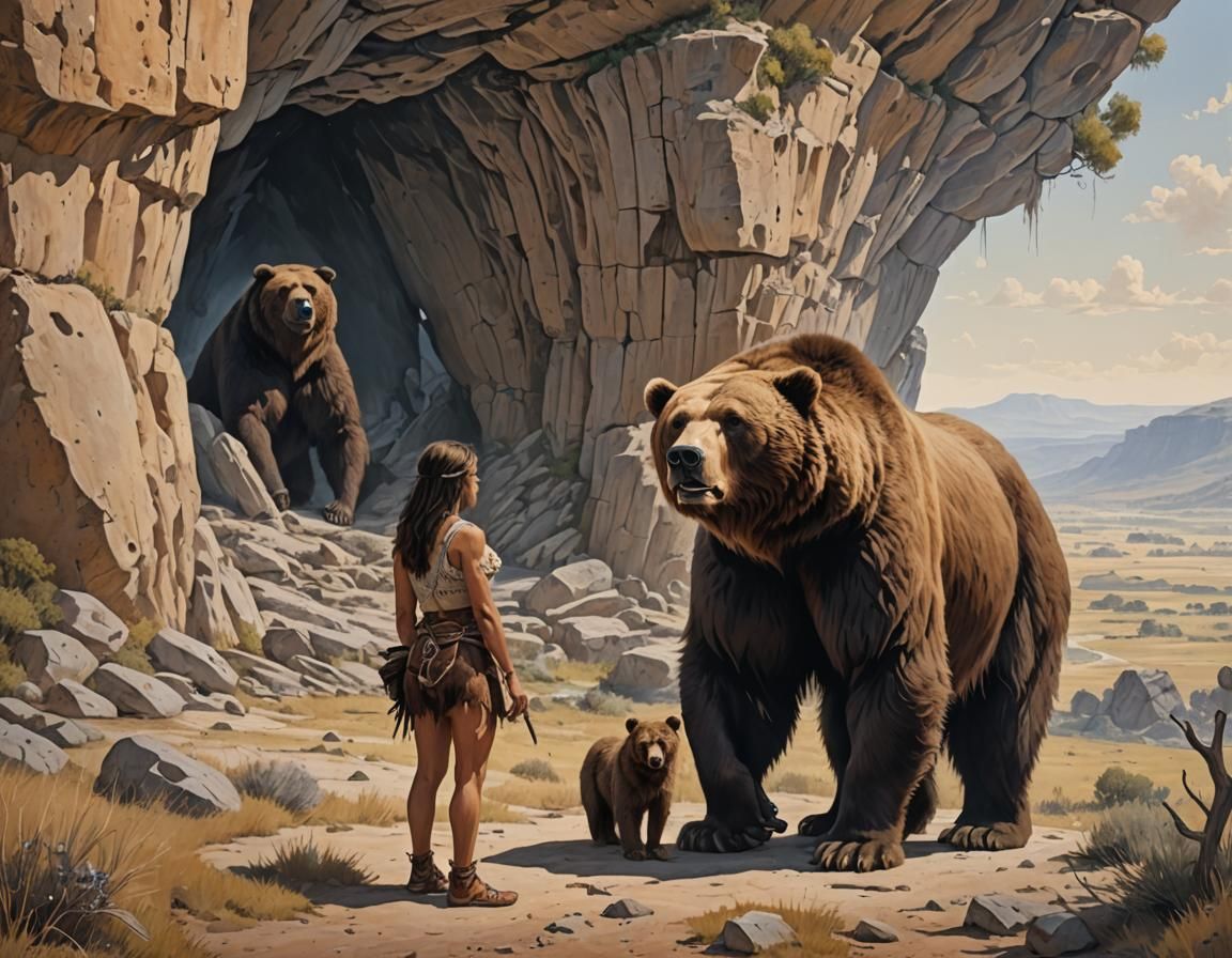 Prehistoric Cavewoman and Cave Bear Overlook the Plains