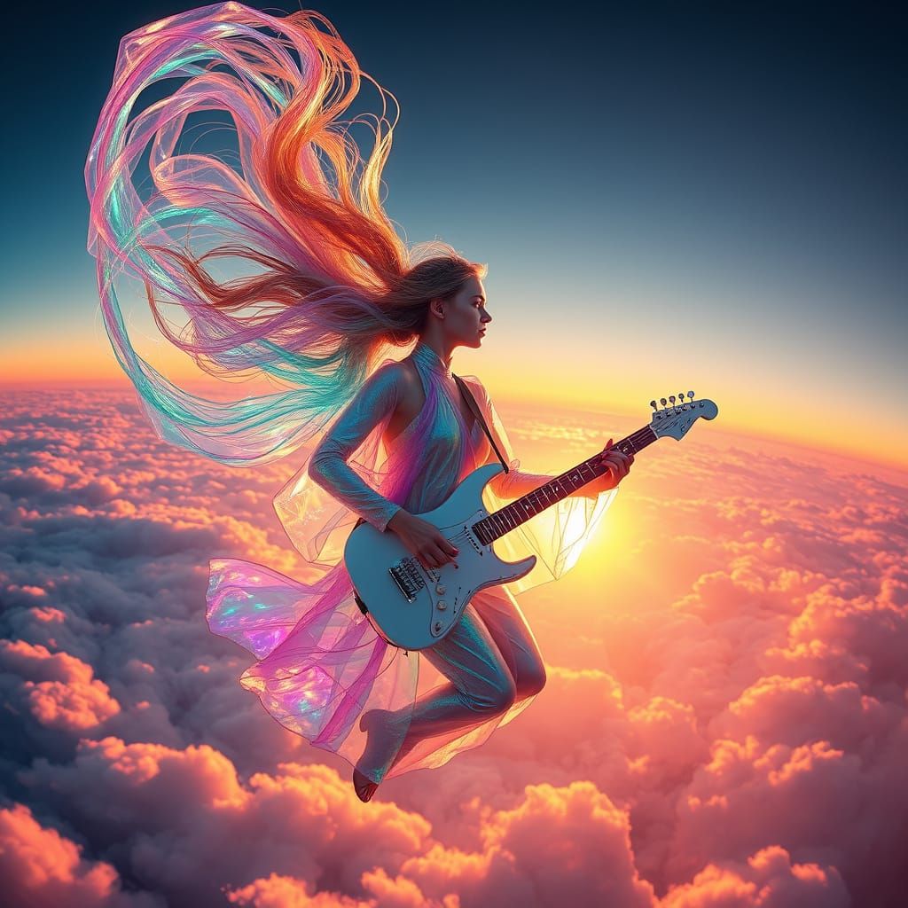 Futuristic Female Guitarist Soaring Through Sunrise Clouds