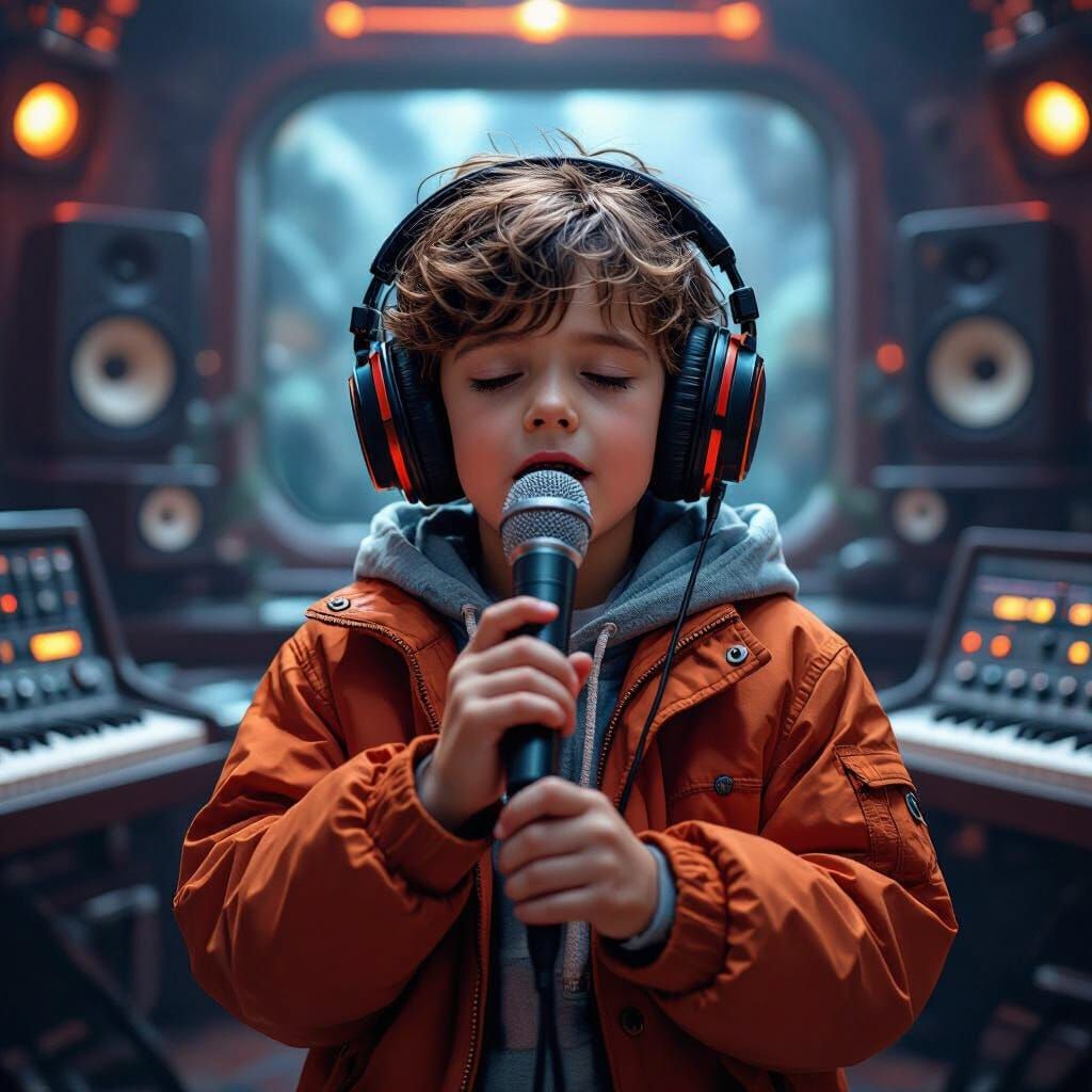 Boy Recording Music in Lavish Studio, Face Obscured
