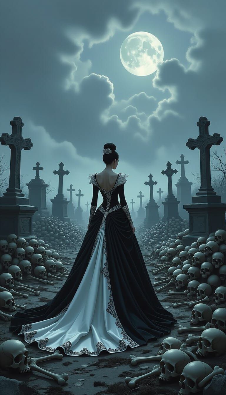 Macabre Cemetery Scene with Mysterious Woman in Dark Fantasy...