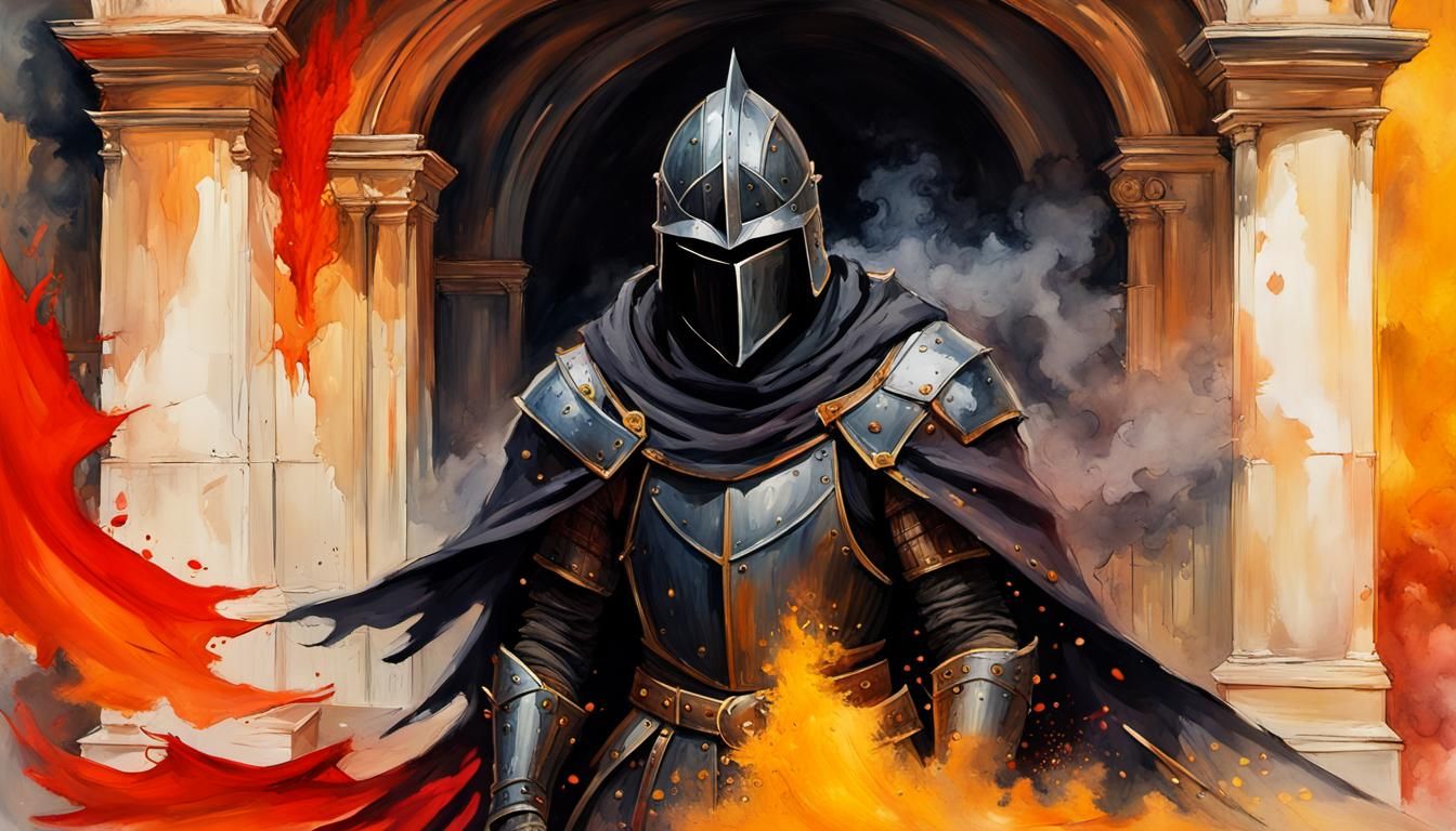 Epic Black Knight Enters Ruined Doorway in Gouache Style