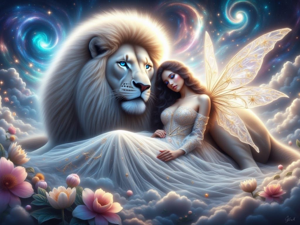 Ethereal Fairy Embraced by Star-Woven Celestial Lion