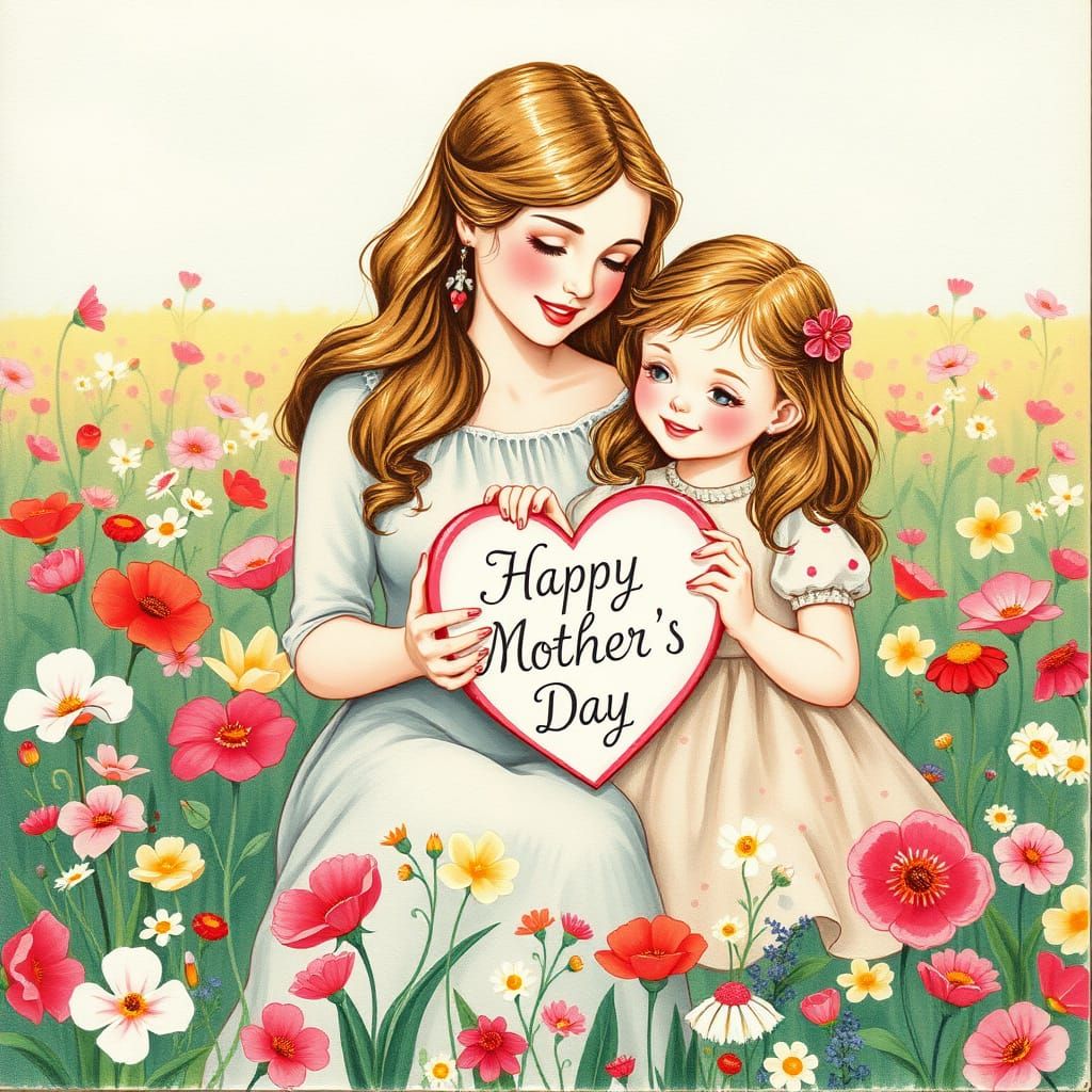 Mother and Daughter in Floral Field: Mother's Day