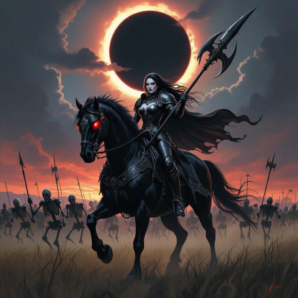 Armored Woman Leads Army Under Eclipse