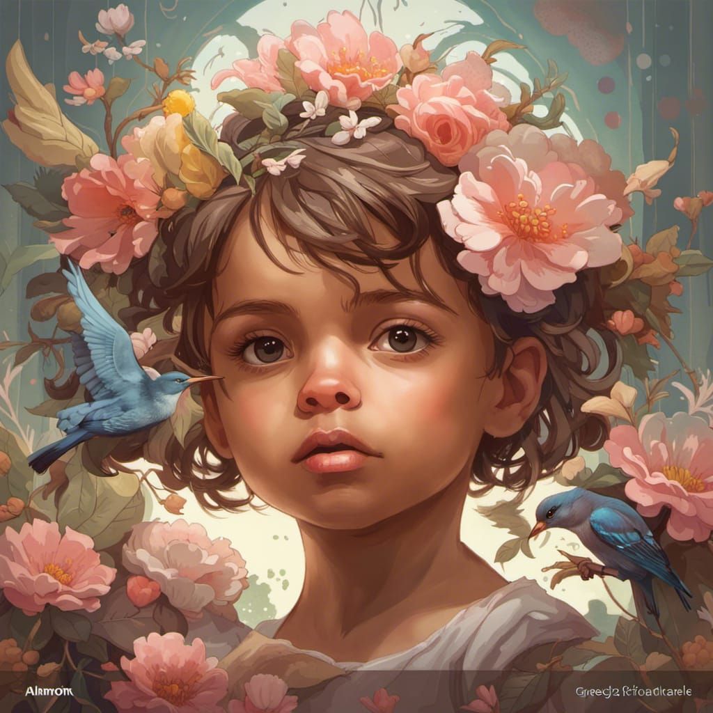 Innocent Baby Portrait with Birds and Flowers