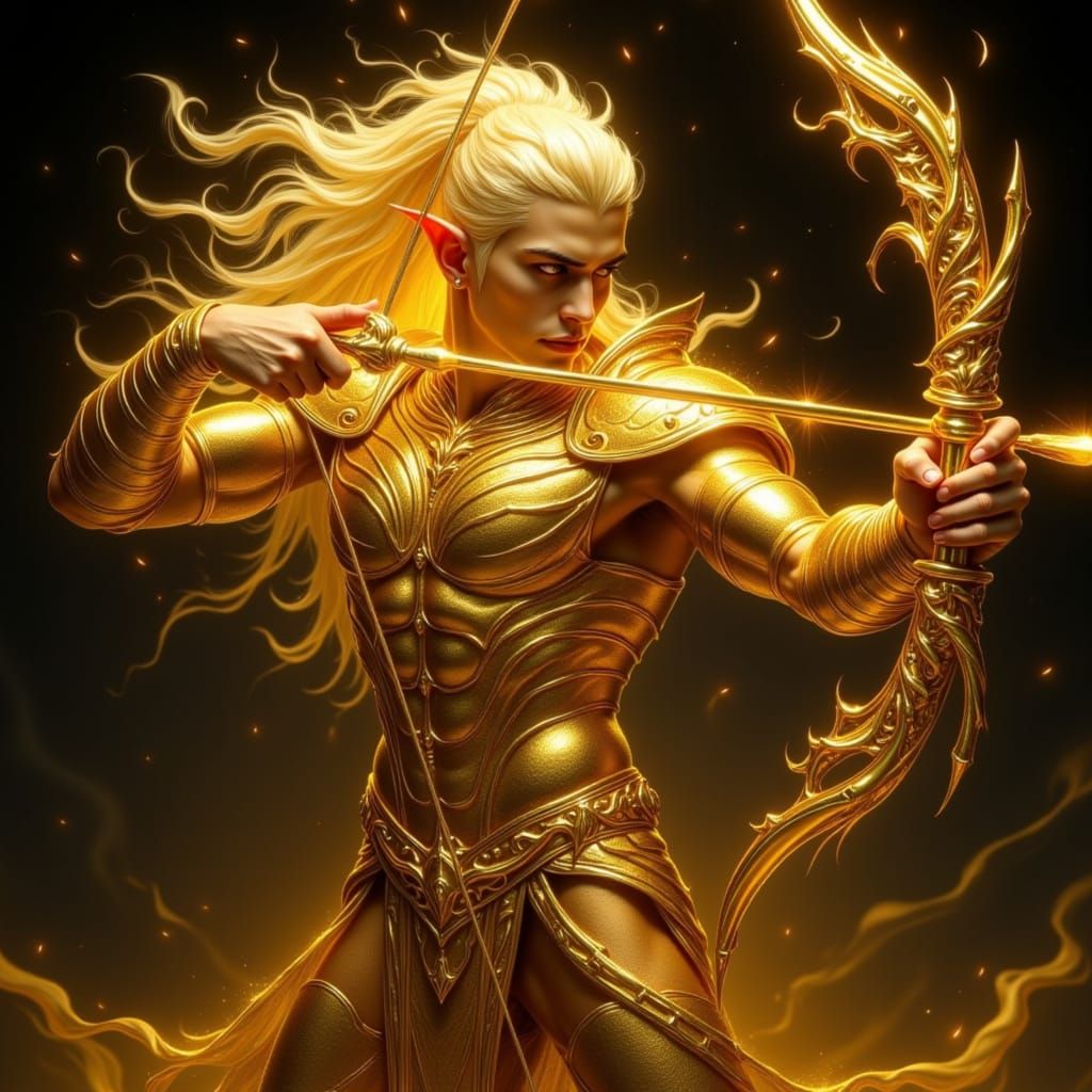 Golden Elf Archer with Glowing Bow in Divine Aura
