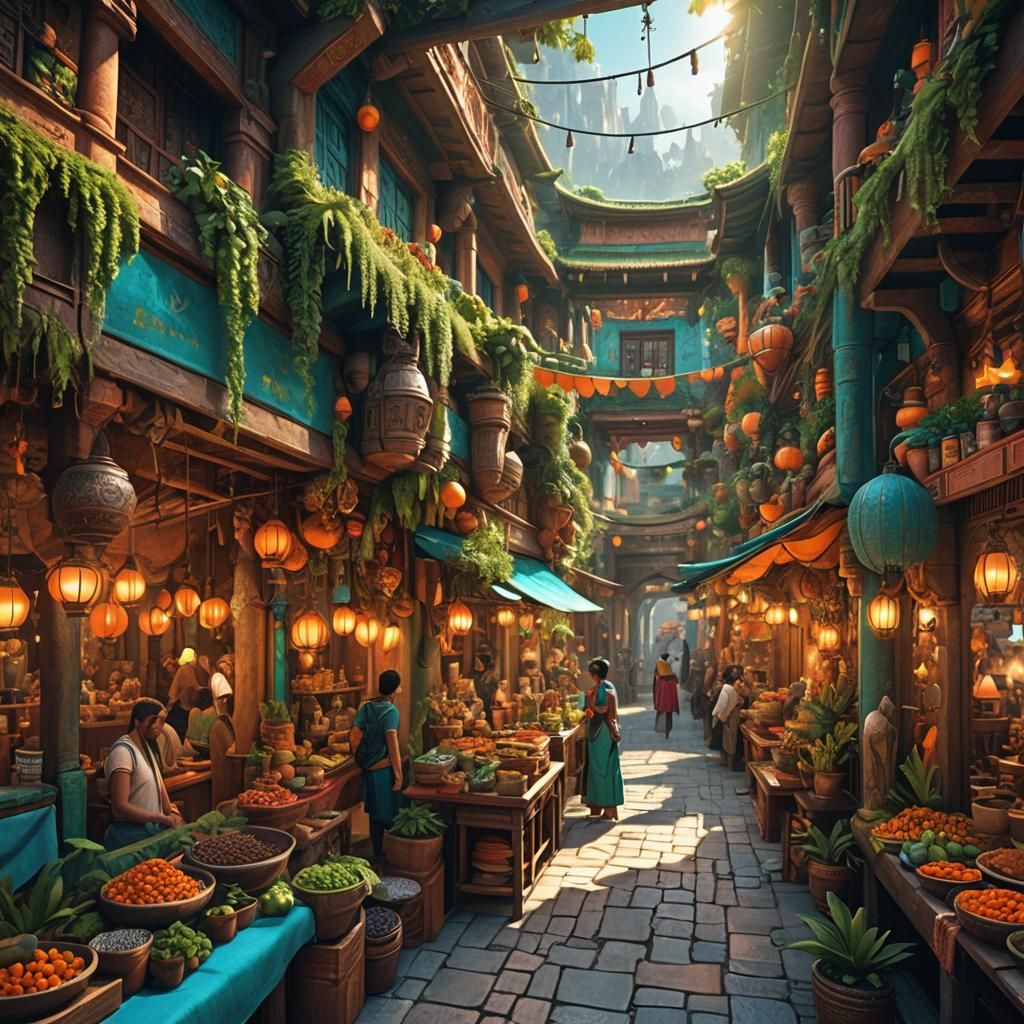 Vibrant Fantasy Marketplace with Lush Greenery