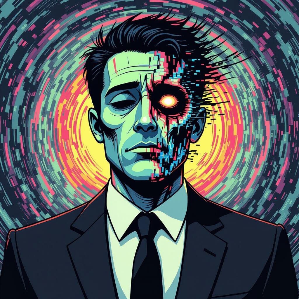 Melting Face in Digital Static, Comic Book Art