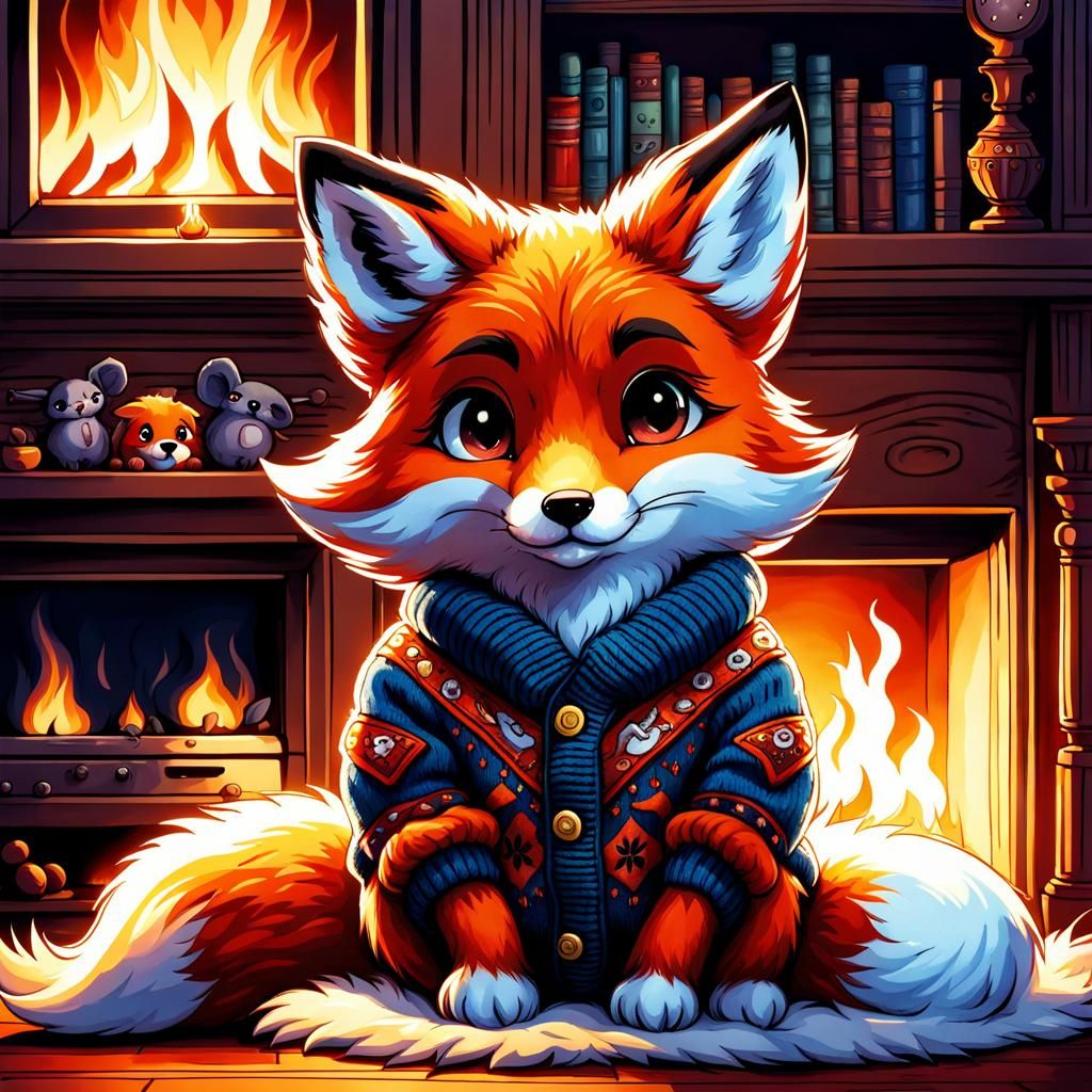 Chibi Fox by Fireplace: Watercolor Comic Art