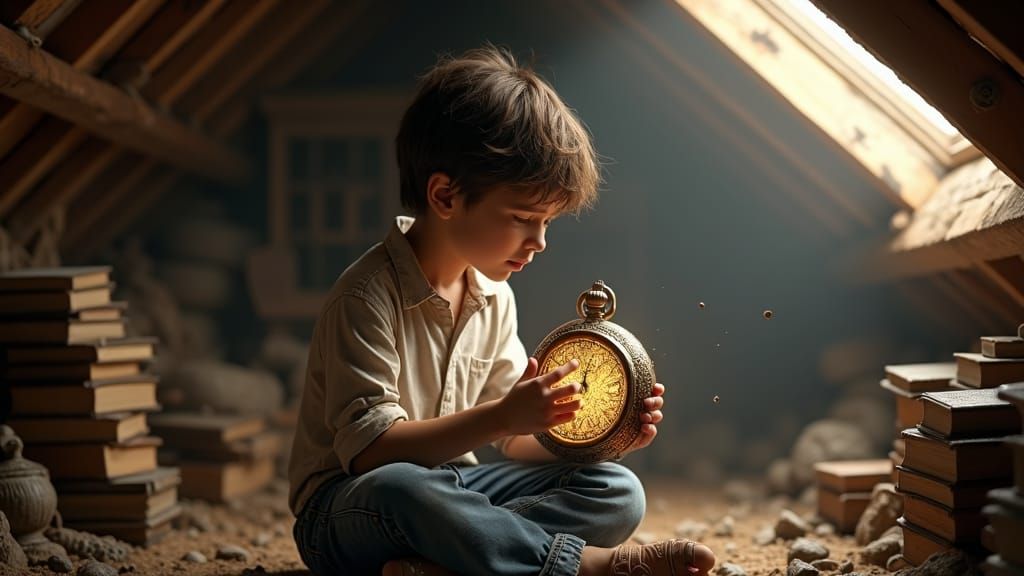 Boy with Glowing Watch in Antique Attic