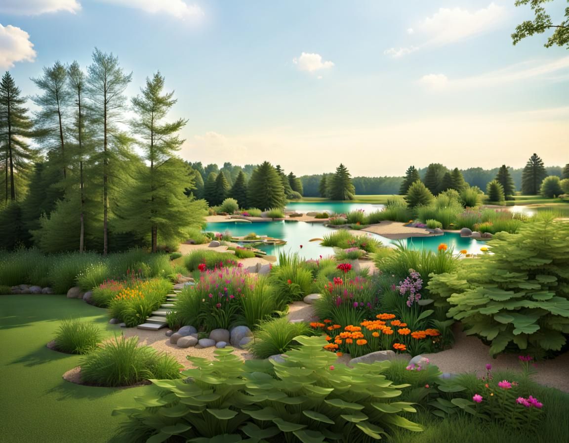 Vibrant Summer Landscape with Natural Swimming Pond