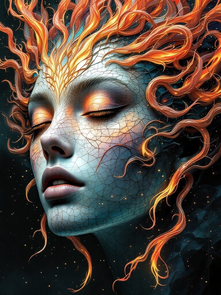 Surreal Fantasy Head in Mosaic Stained-Glass Style