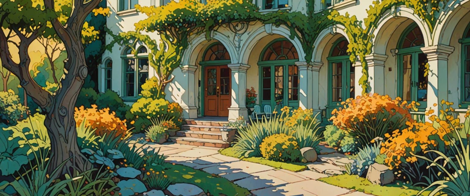 Edwardian House in Comic Book Style with Gouache