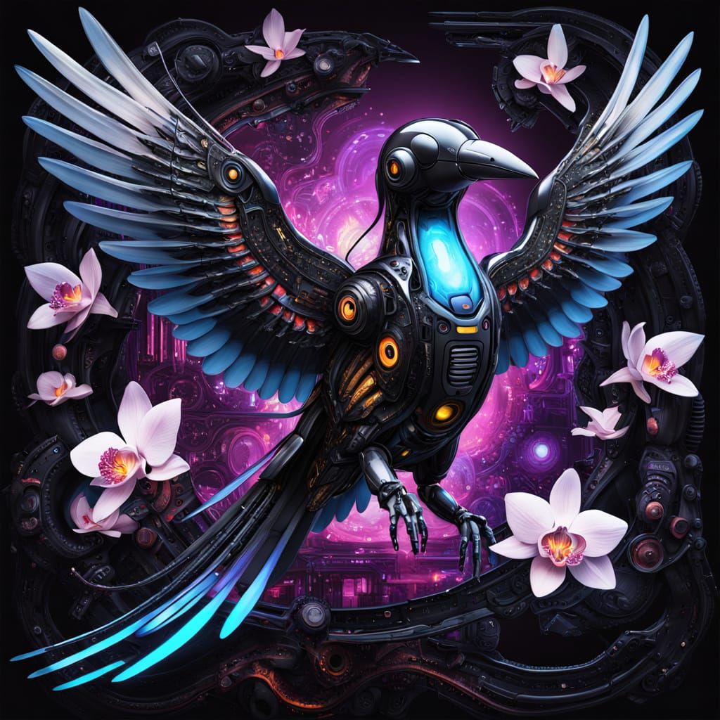 Biomechanical Robotic Bird in Bioluminescent Orchid Garden