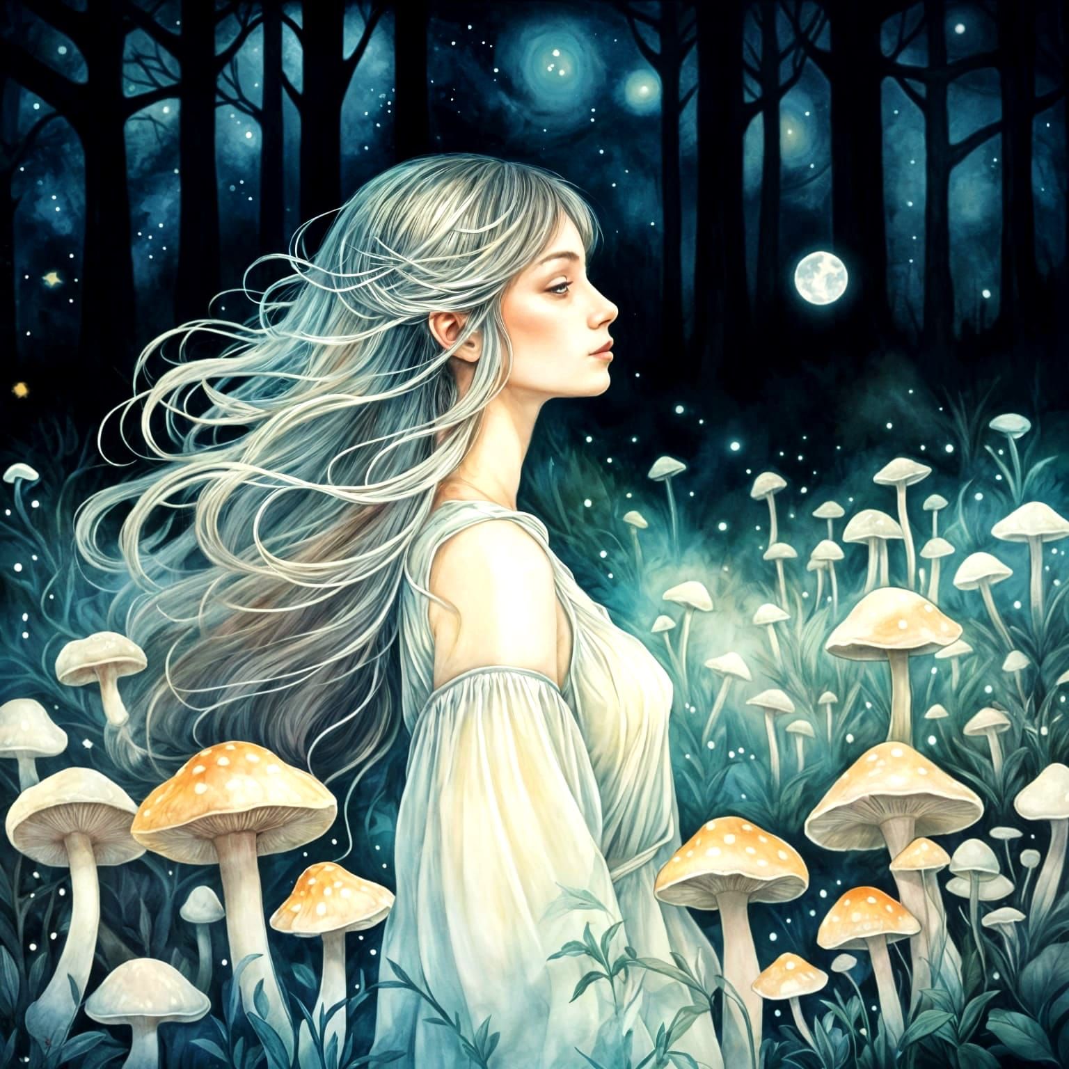 Bioluminescent Mushroom Goddess in Watercolor Style