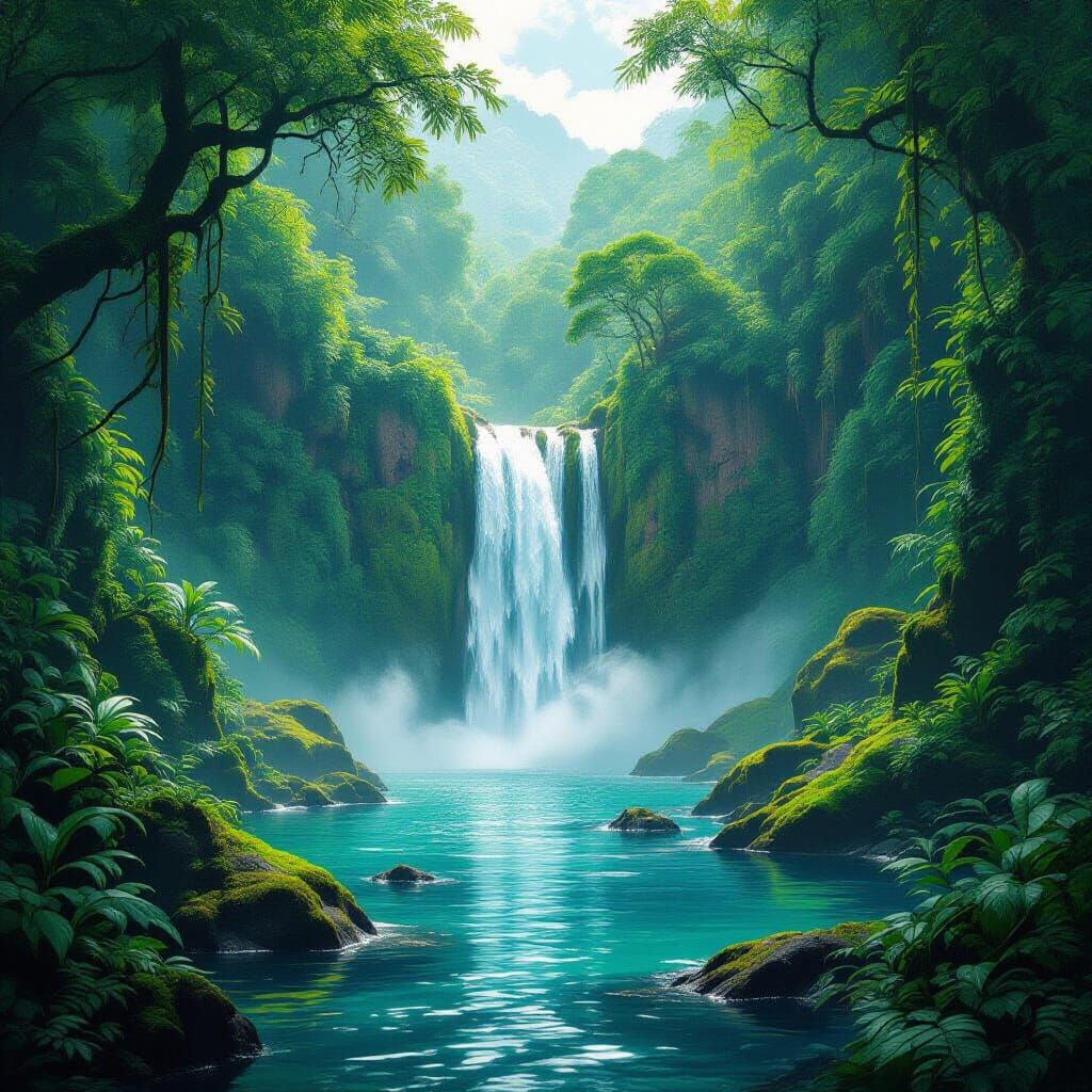 Lush Tropical Rainforest Waterfall in Photorealistic Style