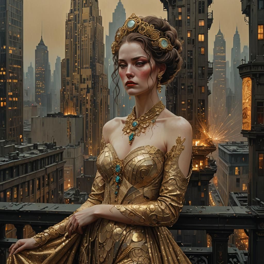 Femme Fatale in Dystopian Cityscape, Art Nouveau Style