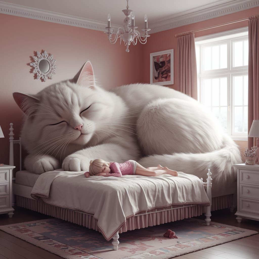 Giant Ragdoll Cat Sleeps with Little Girl in Cozy Bedroom Sc...